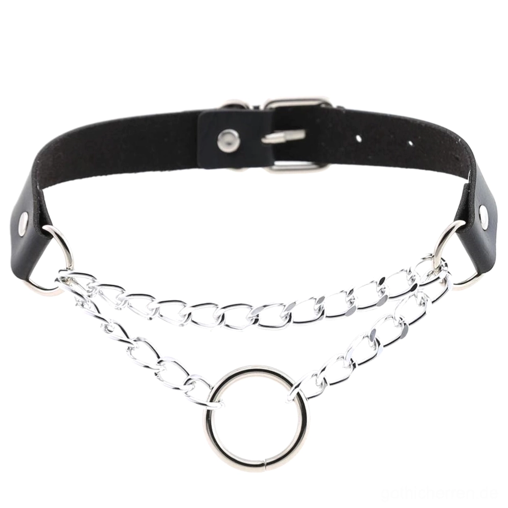 Schwarzer PU-Leder Gothic Choker mit silbernen Doppel-Curb-Ketten und zentralem O-Ring Pendant, verstellbarem Stiftverschluss, unisex Halsschmuck Flachaufnahme gothic kette