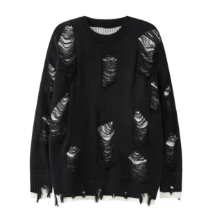 Schwarzer Distressed Oversized Knit Sweater mit Riss-Patch-Designs und ausgefranstem Hem – Vorderansicht Flat Lay Product Shot
