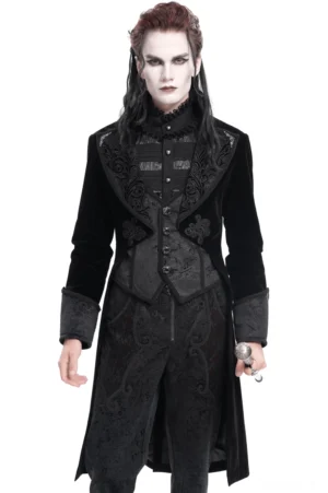 Schwarzer Samt-Gehrock mit gesticktem Scroll-Revers, Kunstweste-Detail und Split-Tail-Saum von vorne auf männlichem Model im Studio – vollständige Gothic Victorian Tailcoat Vorderansicht