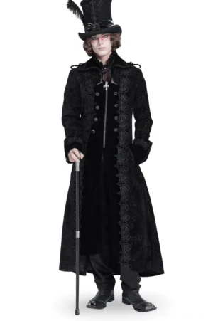Schwarzer Samt-Gothic-Frack mit Brokat-Besatz, Frontalansicht auf Model mit Zylinder und Gehstock – elegante viktorianische Silhouette