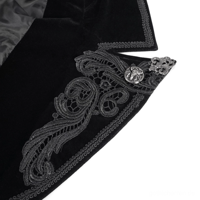 Schwarzer Samt-Gothic-Frackmantel Filigran-Stickerei und Metallbeschlag Detail, gestickte Spitzenmuster mit Silberknopf
