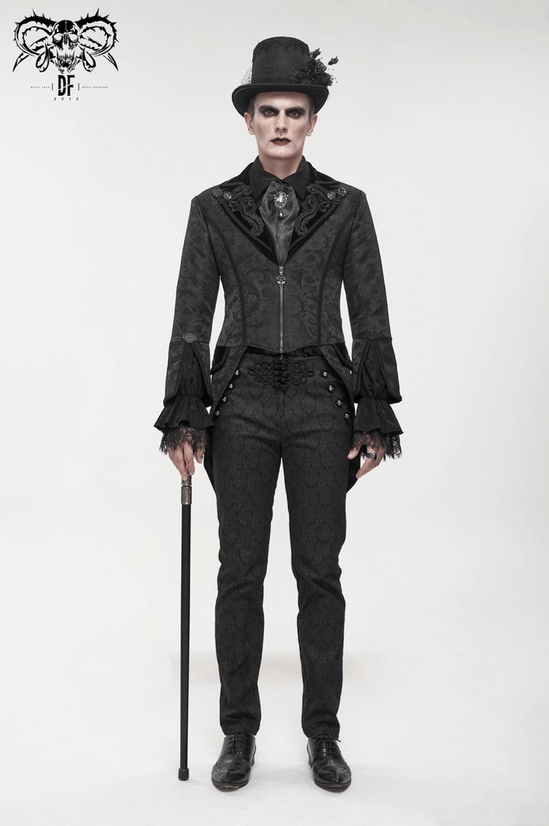 Schwarzer Samt-Gothic-Swallowtail-Frackmantel auf männlichem Model, volle Frontansicht Ganzkörperschuss, komplettes Styling-Überblick