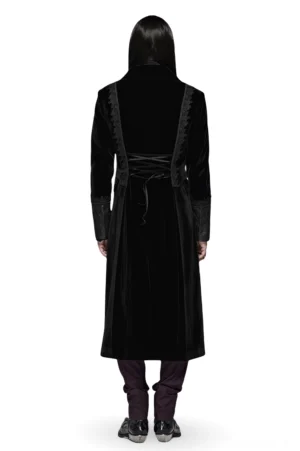Schwarzer Gothic-Velours-Umhang Rückansicht zeigt verstellbares Schnür-Korsett-Rückenteil und fließende Silhouette mit Lace-Details
