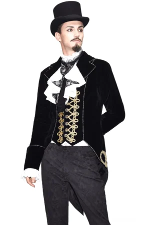 Schwarzer Samtfrack mit Goldstickerei – Frontalansicht zeigt tailierte Silhouette, aufwendige goldfarbene Flechtdetails und kerbige Revers des Gothic Aristocrat Mantels