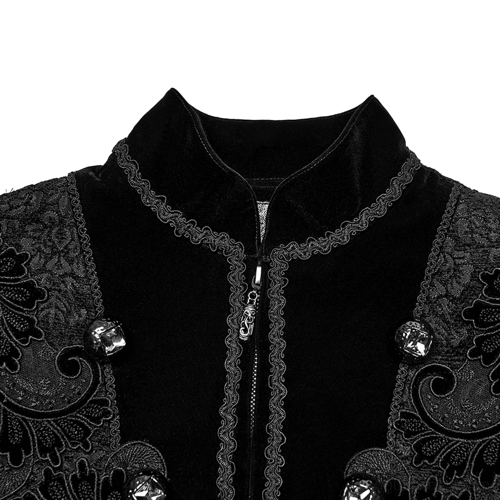 Schwarzer Velours-Gothischer Mantel Kragen- und Vorderansicht-Nahaufnahme mit Stehkragen, Reißverschlussverschluss und ornamentale Jacquard-Stickerei-Details auf Brustvorderseite