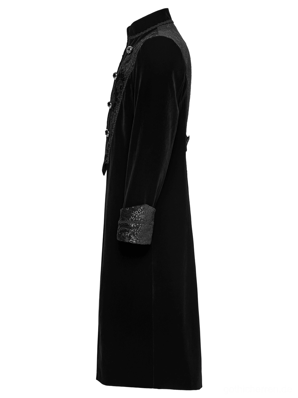 Schwarzer Velours-Gothischer Mantel Seitenansicht, präsentiert schlank geschnittene, maßgeschneiderte Ärmel mit Jacquard-Manschetten und elegante volle Mantellänge