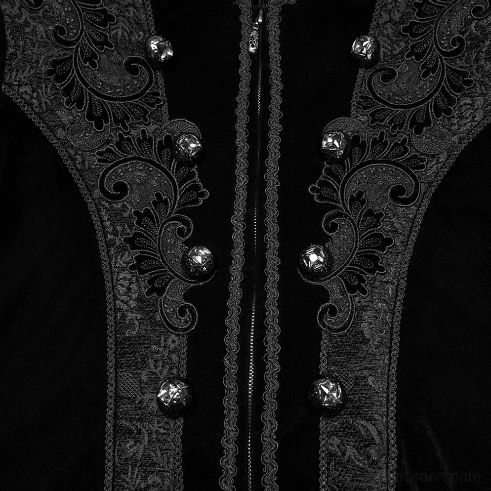Schwarzer Velours-Gothischer Mantel Vorderreißverschluss-Nahaufnahme mit floralem Jacquard-Besatz, edlen Metalldekorationsknöpfen und eleganter Reißverschlussfastener