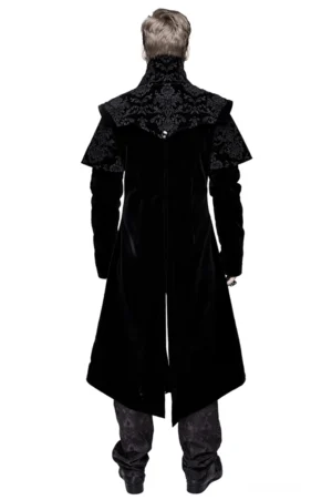 Schwarzer Samtmantel Rückansicht mit Jacquard-Blütenschulterjoch und asymmetrischem Saumdesign mit Seitenschlitze