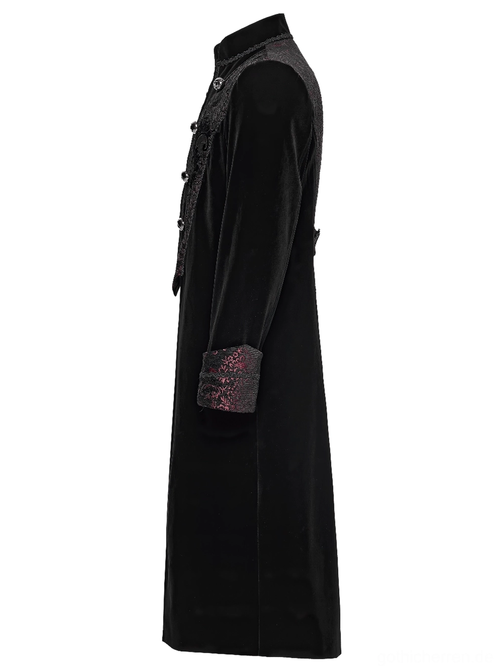 Seitenansicht Flat Lay des schwarzen Samtmantels zeigt geschmeidigen Stofffall elegante Silhouette und strukturierten Schnitt des Herren Gothic Coats