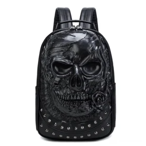 Schwarzer Gothic Schädel PU-Leder Rucksack mit Rosendetail und runden Metallnieten - Produktvorderseite