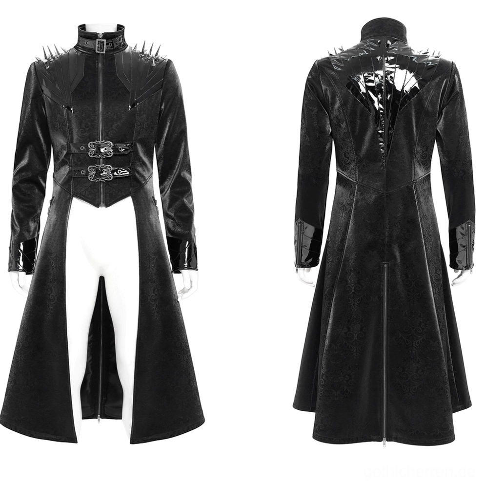 Gothic-Mantel mit Schulterspikes auf Schneiderpuppe, Frontansicht mit dualen Taillen-Metallschnallen und Kunstleder-Kragen