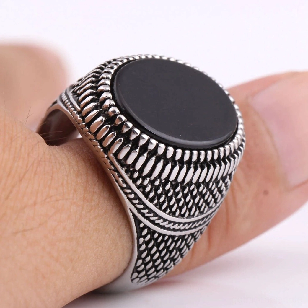 Schwarzer Stein Gothic Siegelring Herren 316L Edelstahl Vintage Silberplattiert Schmuck Statement Kollektion
