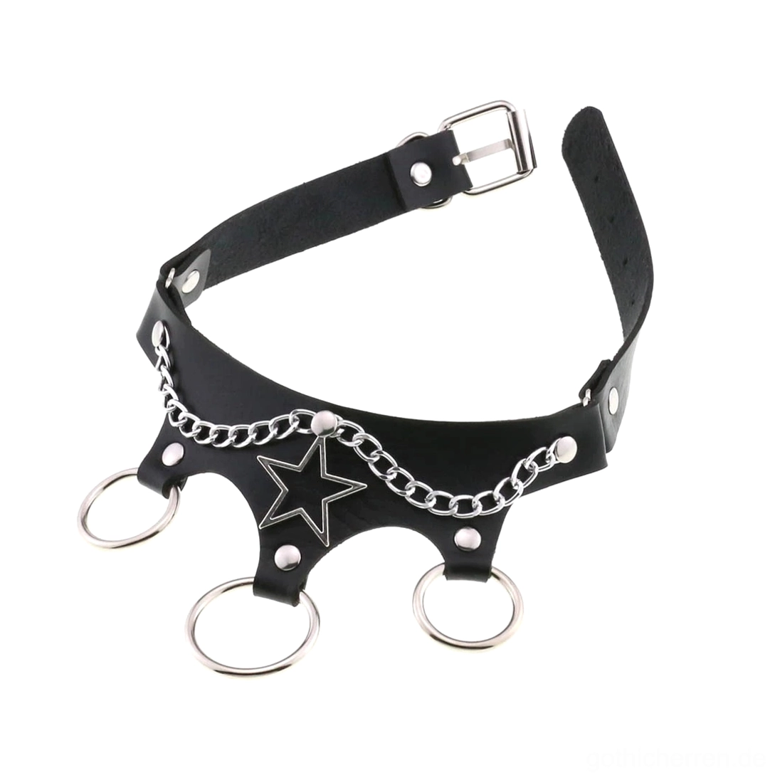 Schwarzer Leder-Stern-Choker Nahaufnahme Detail Metallstern und Kette Handwerksqualität gotisch