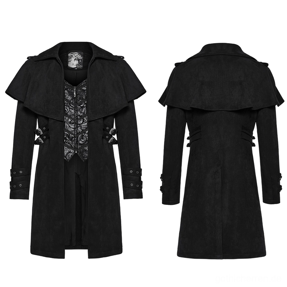 Schwarzer Suede-Gothic-Mantel Front- und Rückflachlage zeigt dekorative Seitenschnallen, bestickte Vorderpaneldetails und vollständige Silhouettenkonstruktion
