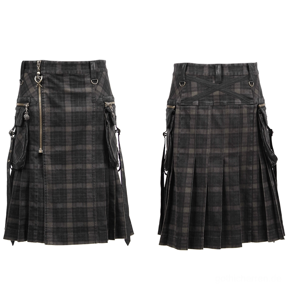 Schwarzer Tartan Utility Herrenrock Flat-Lay Vorderansicht zeigt komplette Silhouette Frontalreißverschluss und strukturiertes Karomuster Design
