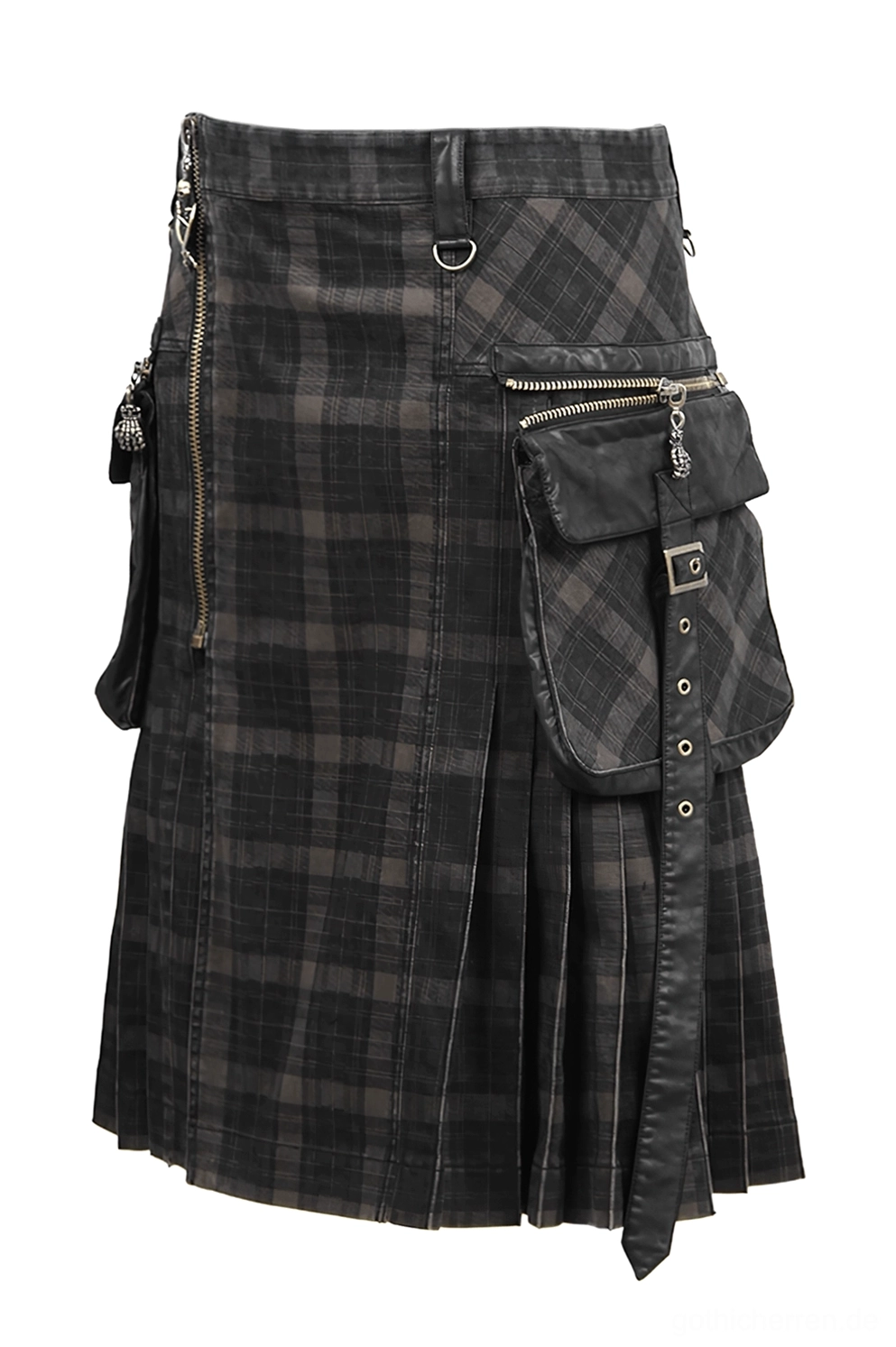Schwarzer Tartan Herrenrock Seitenprofil Ansicht mit Frontalreißverschluss großen Cargo-Taschen und verstellbaren Lederbändern