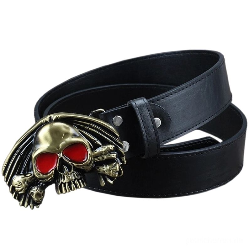 Schwarzer Totenschädel-Gürtel Seitenansicht mit Lederriemen-Verstelllöchern und detaillierter Schnallen-Konstruktion, gotisches Fashion-Accessoire