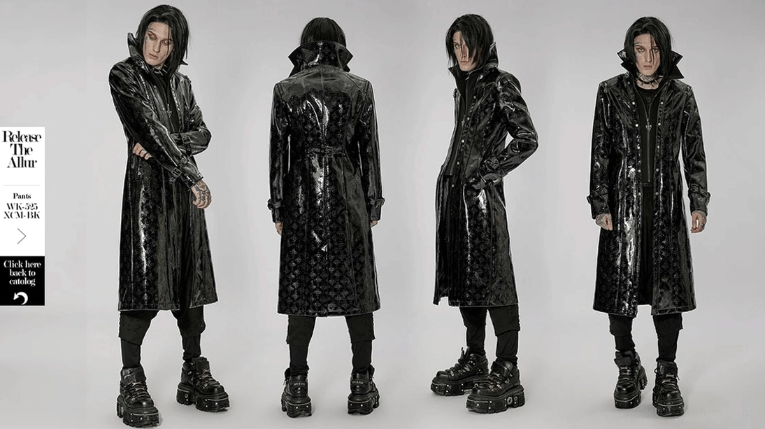 Schwarzer Lackleder-Trenchcoat Hüftbereich mit Guertel-Schnalle, geprägten Kreuzmotiven und Detailverarbeitung