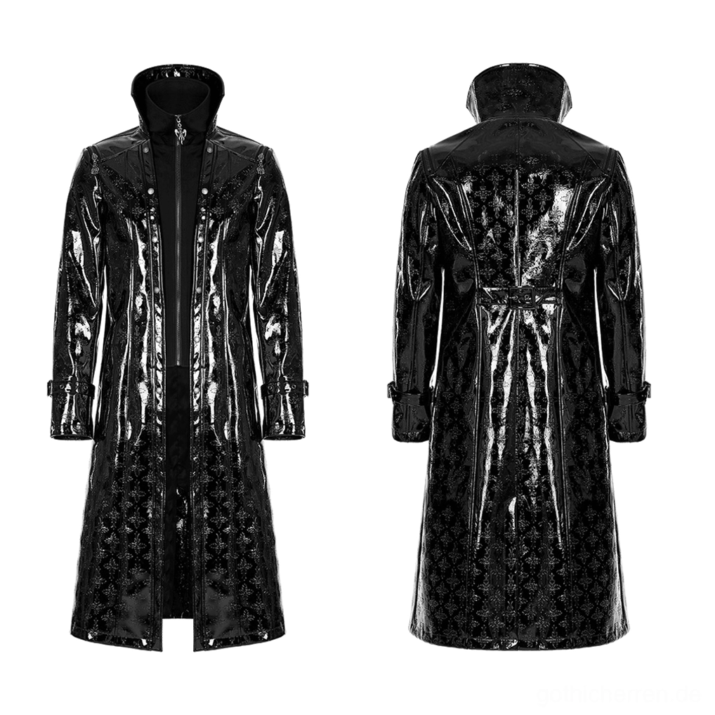 Schwarzer Lackleder-Trenchcoat Flatlage Vorderseite mit hochem Stehkragen, metallischem Reißverschluss und tailiertem Schnitt