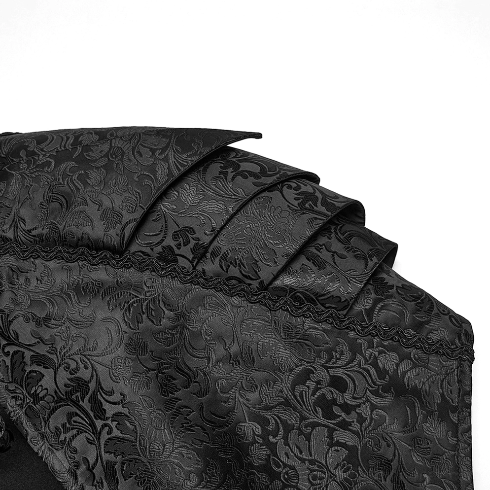 Schwarzer viktorianischer Gothic Schulterrüstung Trim-Nahaufnahme - mehrschichtige gezackte Pauldrons mit Vintage-Blumen-Jacquard-Textur und architektonischem Design