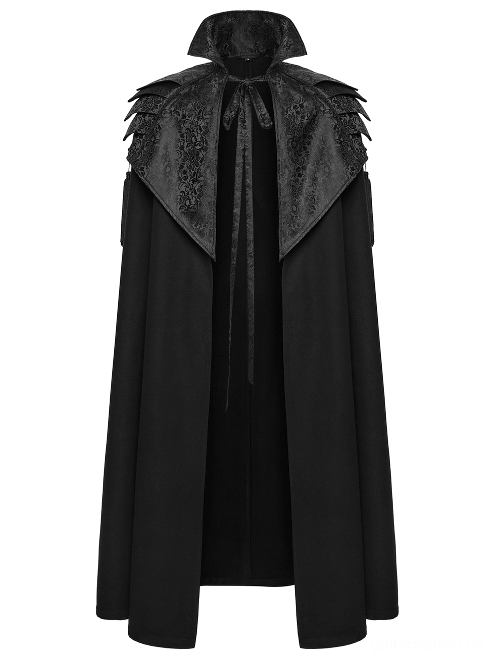 Schwarzer viktorianischer Gothic Umhang Kragen-Nahaufnahme - hochstehender Kragen mit gezacktem mehrschichtigem Schulterrüstungs-Design und Jacquard-Muster