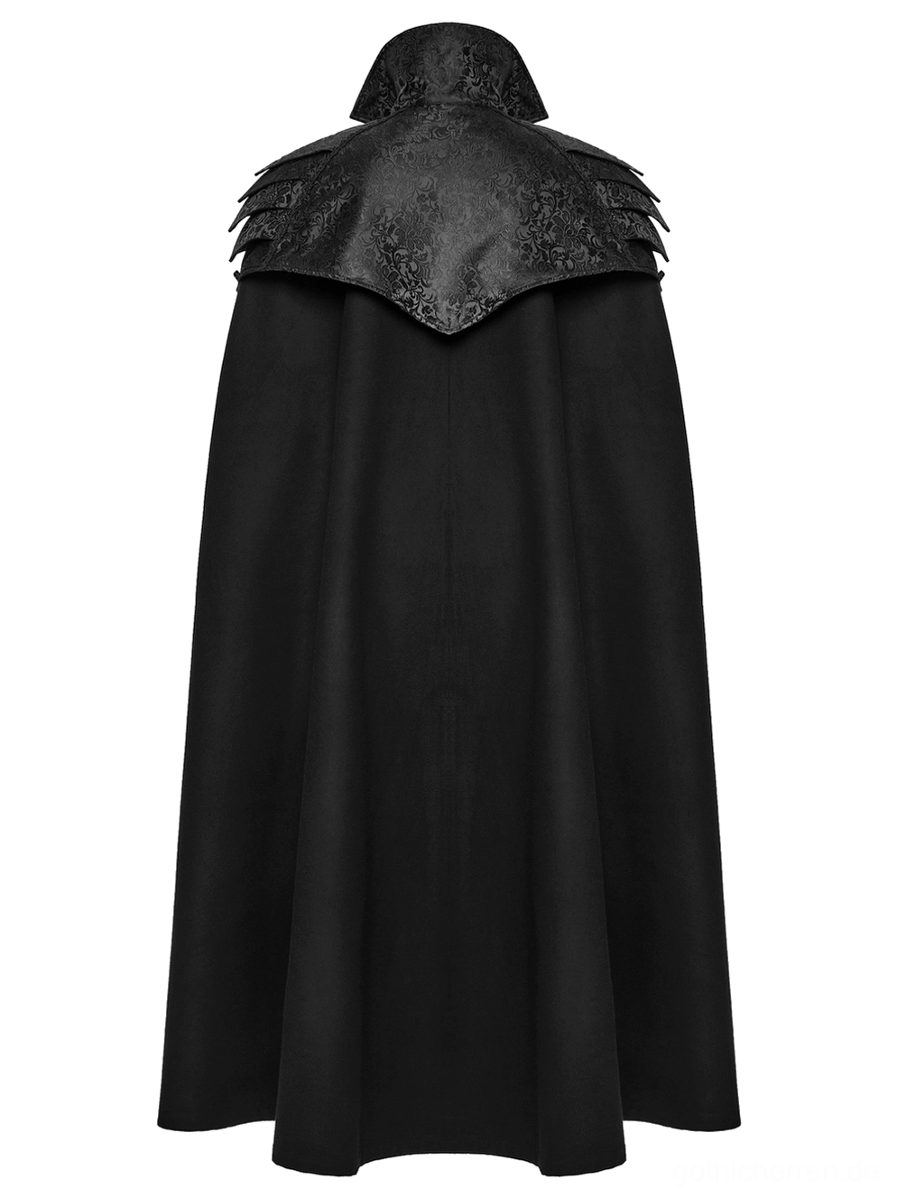 Schwarzer viktorianischer Gothic Umhang Rückansicht Produkt - durchgehend schwarzer Umhang mit reliefiertem jacquard-gemustertem Schulter-Panel und Stickerei-Trim