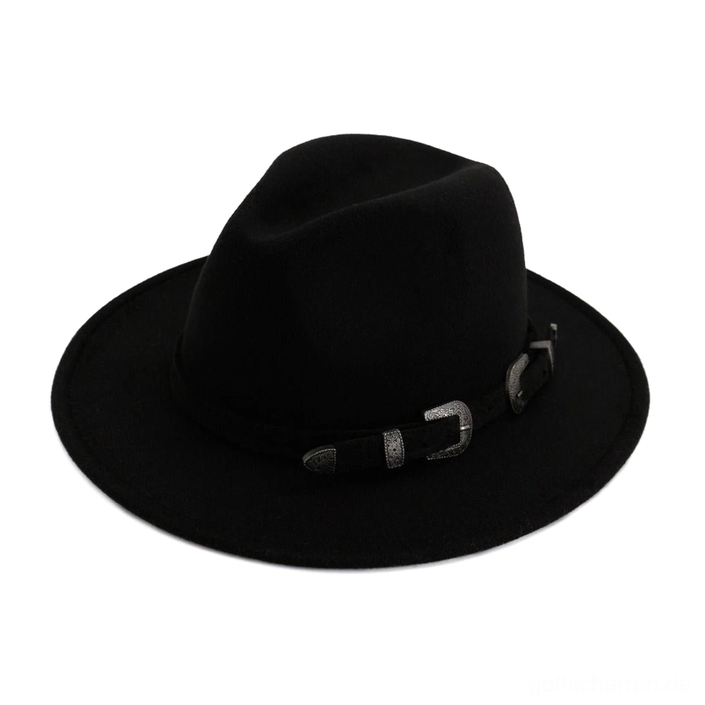 Schwarzer vintage Trilby Fedora Hut mit antiken Westernschnallen Details, flache Produktansicht von vorne auf weißem Hintergrund