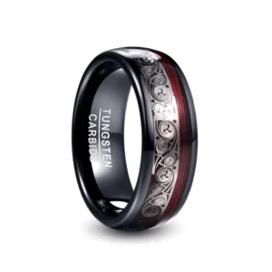 Schwarzer Wolfram-Stahl Gothic Ring mit keltischem Muster und rotem Akzentstreifen, Vorderansicht auf weißem Hintergrund, zeigt die detaillierte ethnische Inlayarbeit und polierte Oberfläche
