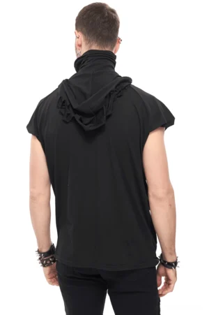 Schwarzer zerrissener Gothic-Hoodie Rückansicht mit minimalem Design ohne Drucke, solide Rückenpartie