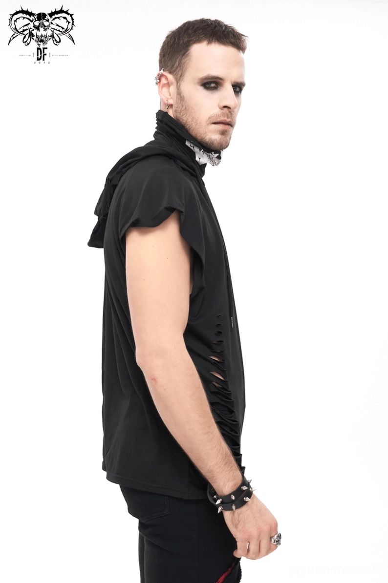 Schwarzer zerrissener Gothic-Hoodie mit Schädel-Druck-Kapuze und Raglan-Ärmel-Konstruktion Detail auf Mannequin