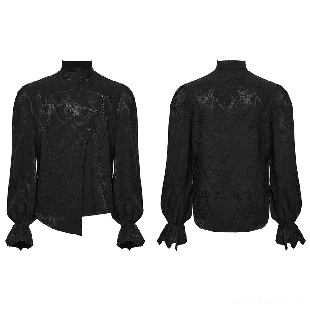 Schwarzes asymmetrisches Gothic Hemd Flat Lay Produktfotografie, Front- und Rückseite, irregulär asymmetrische Knopfblende, voluminöse Bischofärmel, Stehkragen, gemottelte dunkle Jacquard-Webstruktur, Designdetails