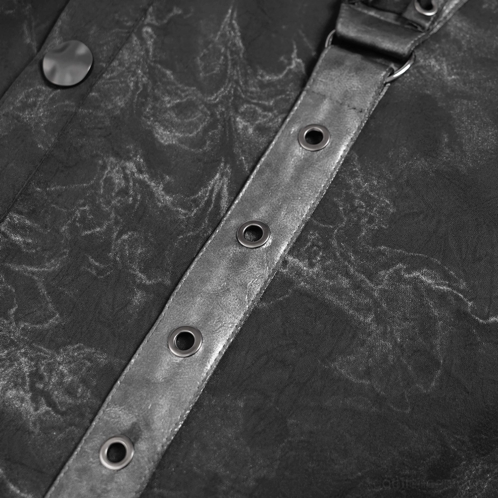 Marmorierter Stoff und Ärmeldetail des schwarzen asymmetrischen Harness Gothic Button-Up Hemds