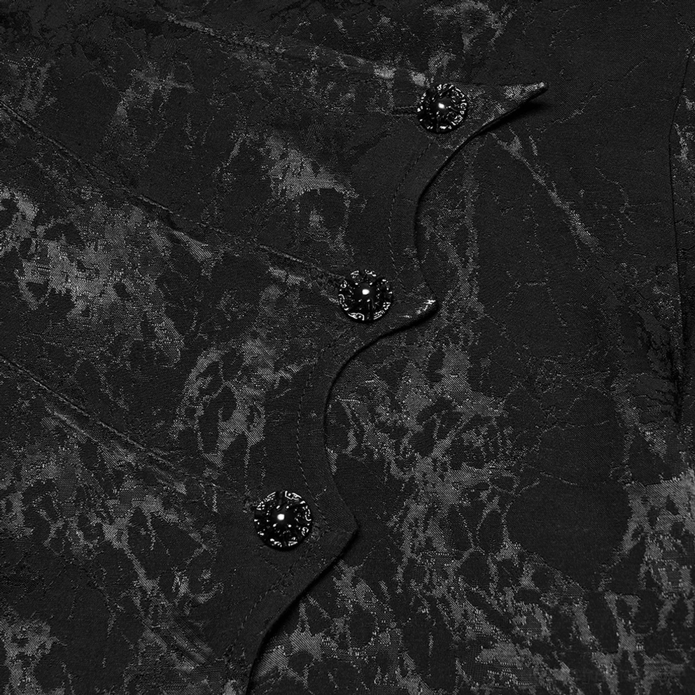 Schwarzes asymmetrisches Gothic Hemd Styling Detail, irregulär gestaltete Vorderblende, architektonisches Design Feature, asymmetrisches Styling Potential, düstre Mode Ästhetik