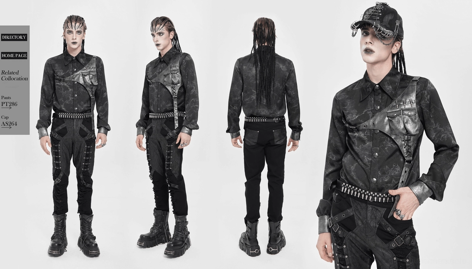 Komplette Styling-Ansicht des schwarzen asymmetrischen Harness Gothic Hemds auf männlichem Modell