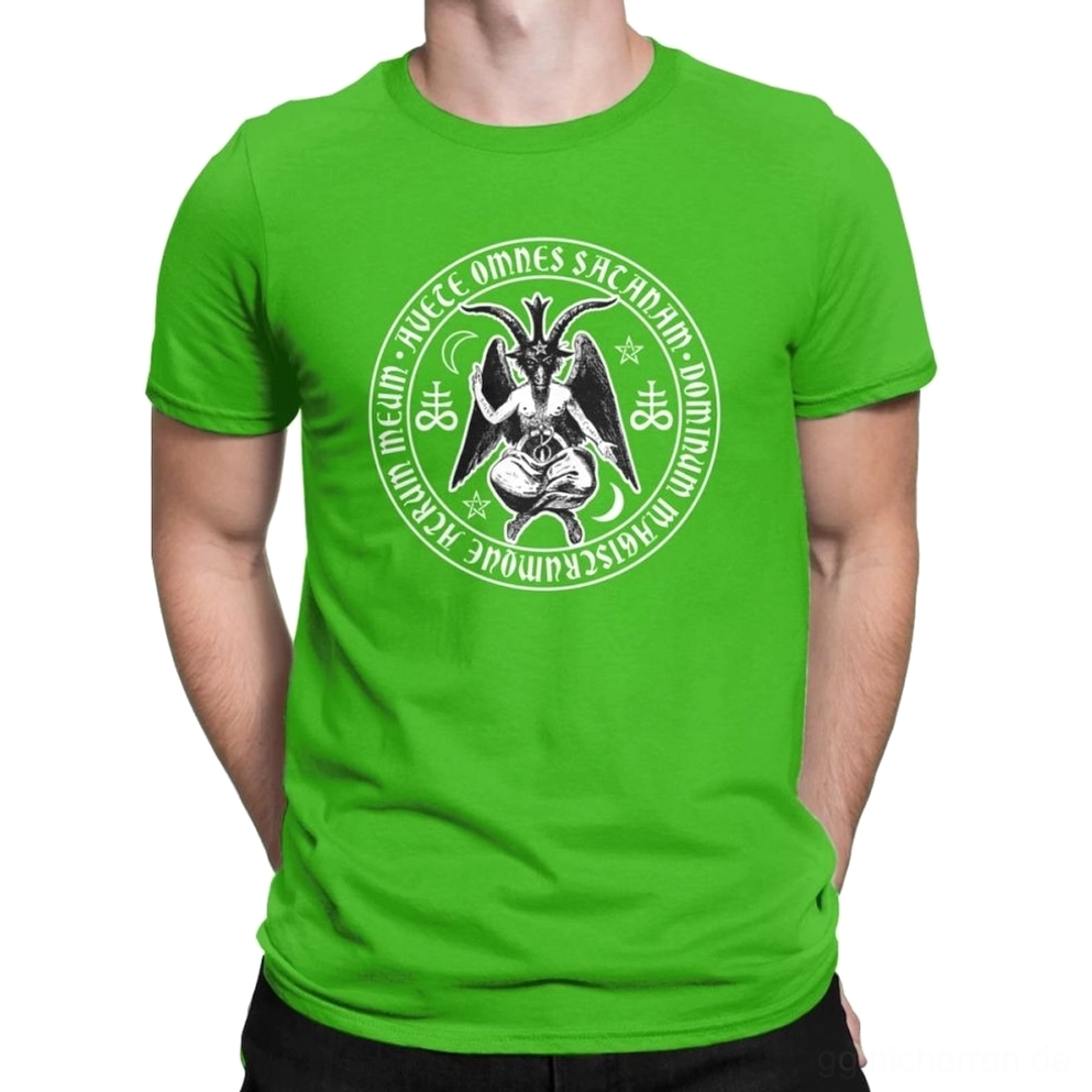 Schwarzes Baphomet Siegel Gothic-T-Shirt Nahaufnahme zeigt Druckqualität, Textur des Baumwoll-Gewebes und Haltbarkeit des Drucks
