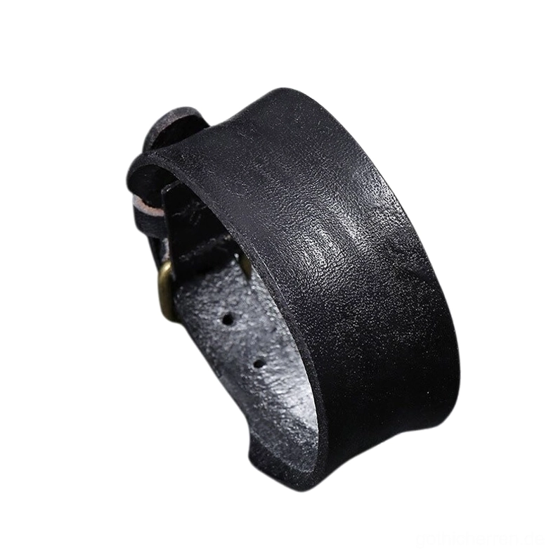 Schwarzes breites Gothic Leder-Armband Seitenansicht mit echtem Rindsleder Textur und verstellbarer Bronze Hakenschließe für Punk Stil