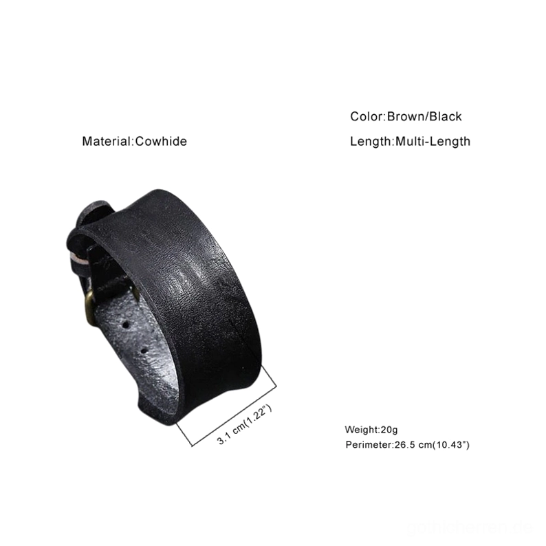 Schwarzes breites Leder Armband Seitenprofil mit Gothic Punk Style Design, Größenabmessungen und verstellbarem Verschluss für die Ledermanschette
