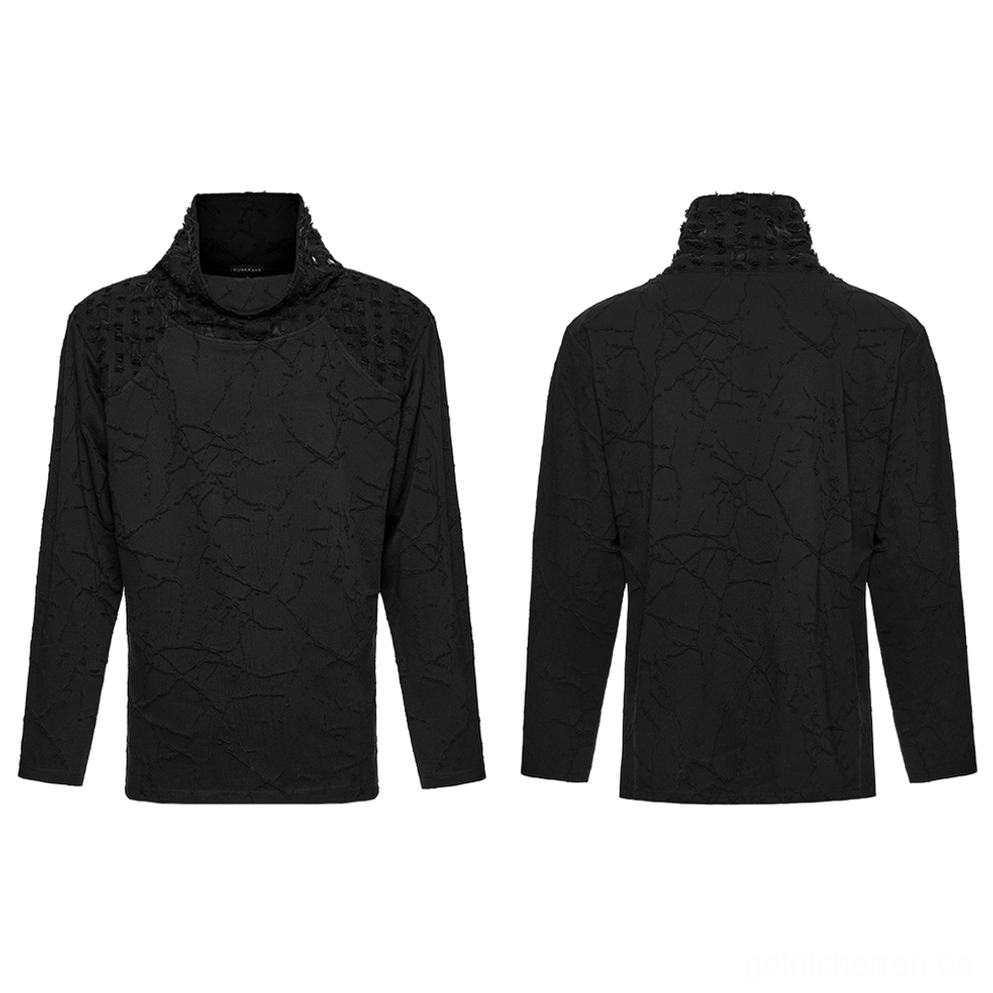 Schwarzes Burnout-Strickshirt in Flat-Lay-Ansicht von Vorne und Hinten, vollständige Garment-Präsentation, Stehkragen-Design deutlich erkennbar, strukturierte Burnout-Textur durchgehend