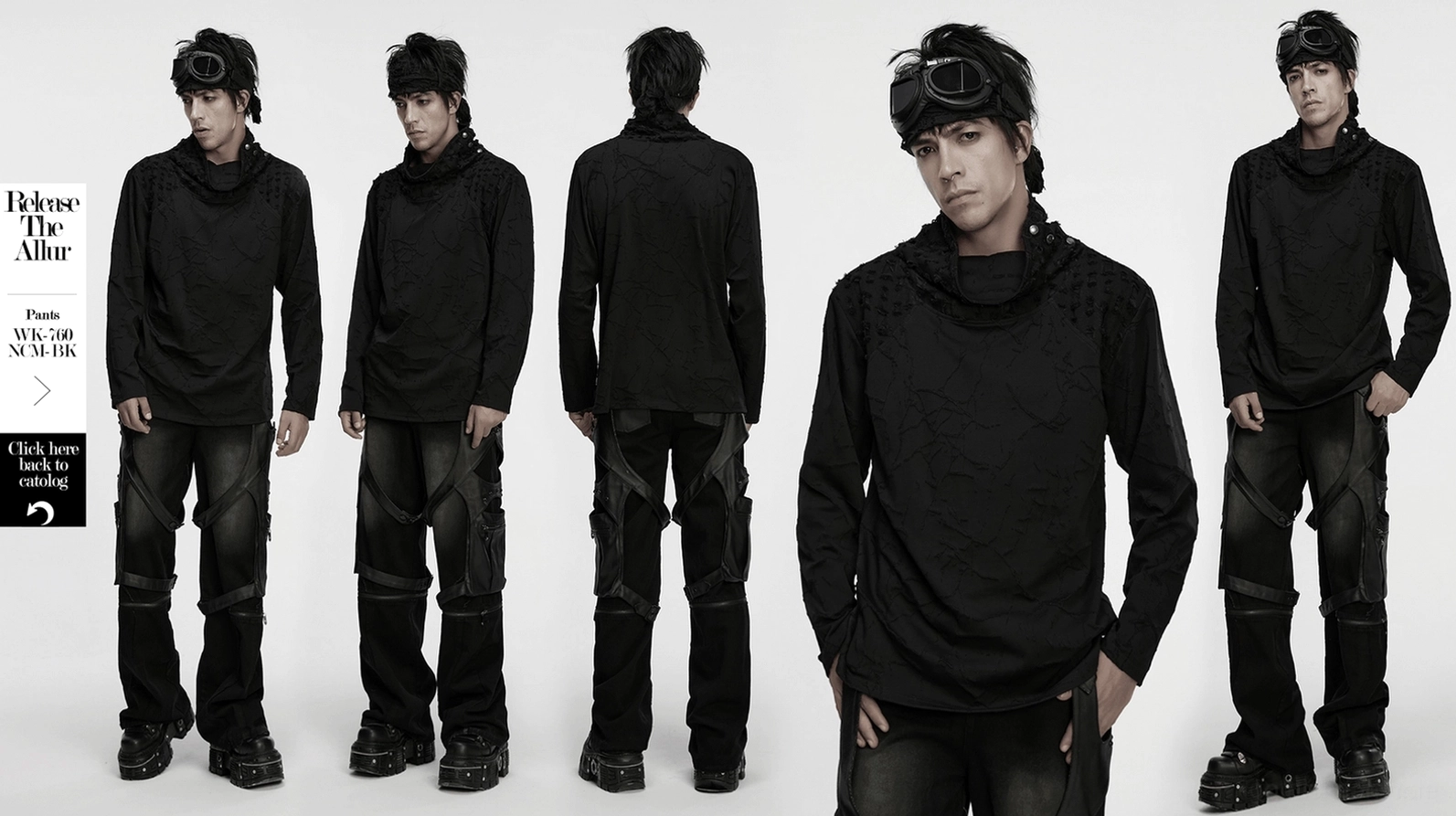 Schwarzes Burnout-Strickshirt mit Gothic-Stehkragen Hauptproduktbild, strukturierter Stehkragen, Druckknopf-Verschluss, distressed Oberflächentextur, Cyberpunk-Goth-Stil