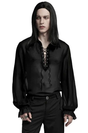 Schwarzes durchsichtiges Chiffon Gothic Hemd mit Schnürung und viktorianischen Laternärmeln – Vorderansicht des männlichen Models mit langen dunklen Haaren in schwarzem Anzug