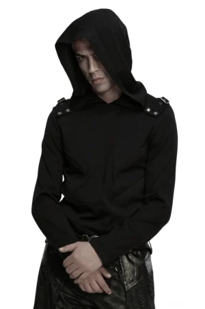 Schwarzes Cyberpunk-Hoodie mit Metallschnallen an den Schultern und 3D-Paneelen - Dreiviertelseitenwinkel