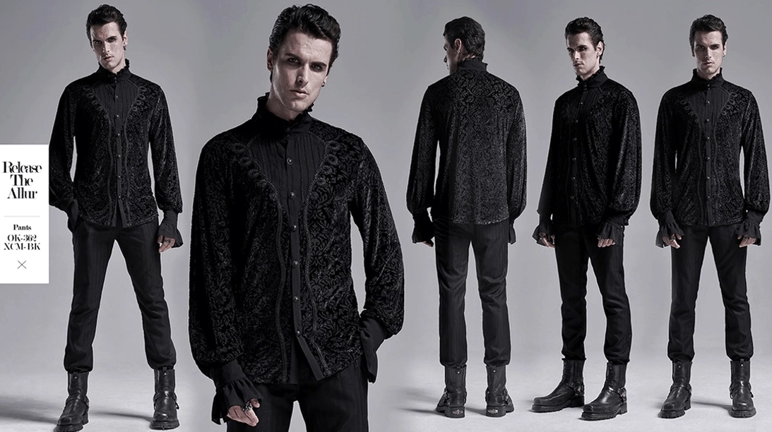 Schwarzes Damast-Samt-Gothic Hemd komplette Ganzkörper-Anzeige, alle Design-Elemente sichtbar, Renaissance-Dunkelmode-Klassiker