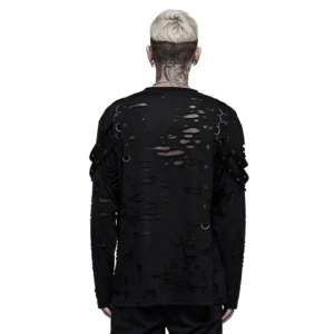 Schwarzes gotisches destruiertes Sweatshirt Rückansicht mit verstreuten zerrissenen Löchern und Metallzubehör - Punk-Alternative Langarm-Oberteil mit Schulterstraps