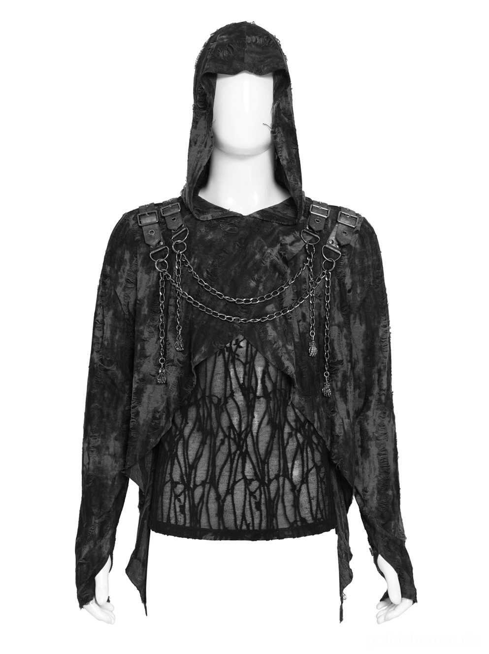 Schwarzes distressed Gothic hooded mesh top mit geschichtetem Ketten-Hardware-System auf Mannequin-Frontansicht auf weißem Studio-Hintergrund