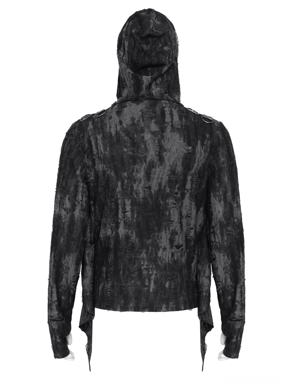 Schwarzes distressed Gothic hooded top mit integrierter Kapuzen-Design-Rückansicht auf Mannequin auf weißem Studio-Hintergrund