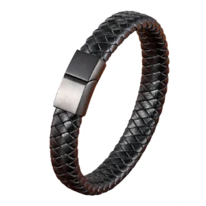 Schwarzes geflochtenes Lederarmband mit mattschwarzem Edelstahl-Magnetverschluss, Gothic-Minimalist-Herren-Schmuck, echtes Leder mit Magnetarmband