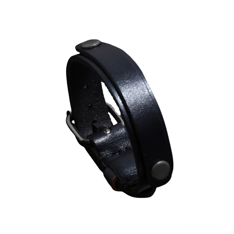 Schwarzes echtes Leder Punk Cuff Armband mit antiker Silberschnalle und Nieten Seitenansicht mit verstellbarem Design