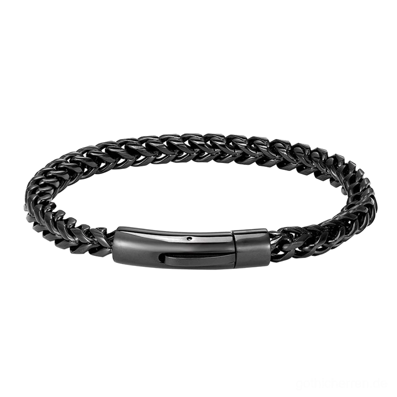 Schwarzes Edelstahl Gothic Curb Chain Armband für Herren – Matte Black Flachansicht mit Push-Lock-Verschluss, hochwertiger Edelstahl