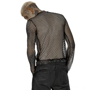 Schwarzes Fishnet Mesh Langarm Shirt Rückenansicht und Seitenansicht mit studiertem Gürtel – Gothic Transparenz Tanktop Seitenansicht
