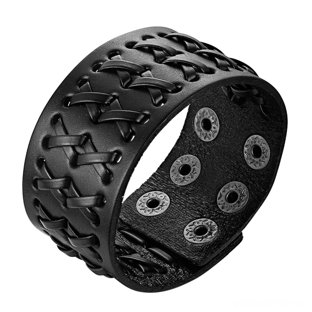Schwarzes geflochtenes Leder Gothic Armband mit Magnetverschluss und verstellbaren Druckknöpfen auf breitem Lederband, handwerkliche Verarbeitung, Gothic Schmuck